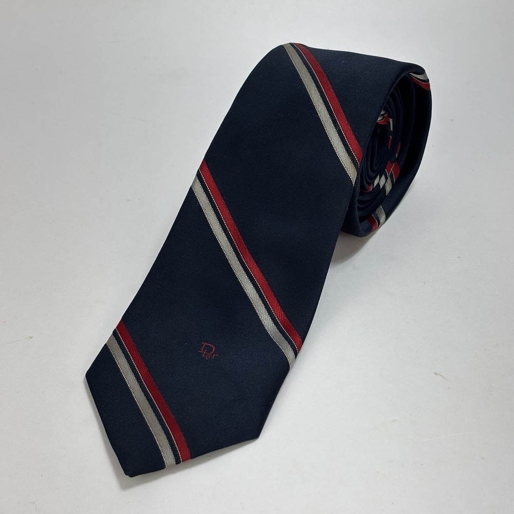 Vintage Christian Dior Necktie Diagonal Red Blue Silver Stripe Polyester Blend